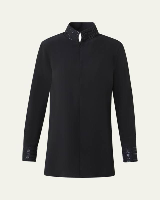 Ribbon Foil Silk Crepe Tunic Blouse
